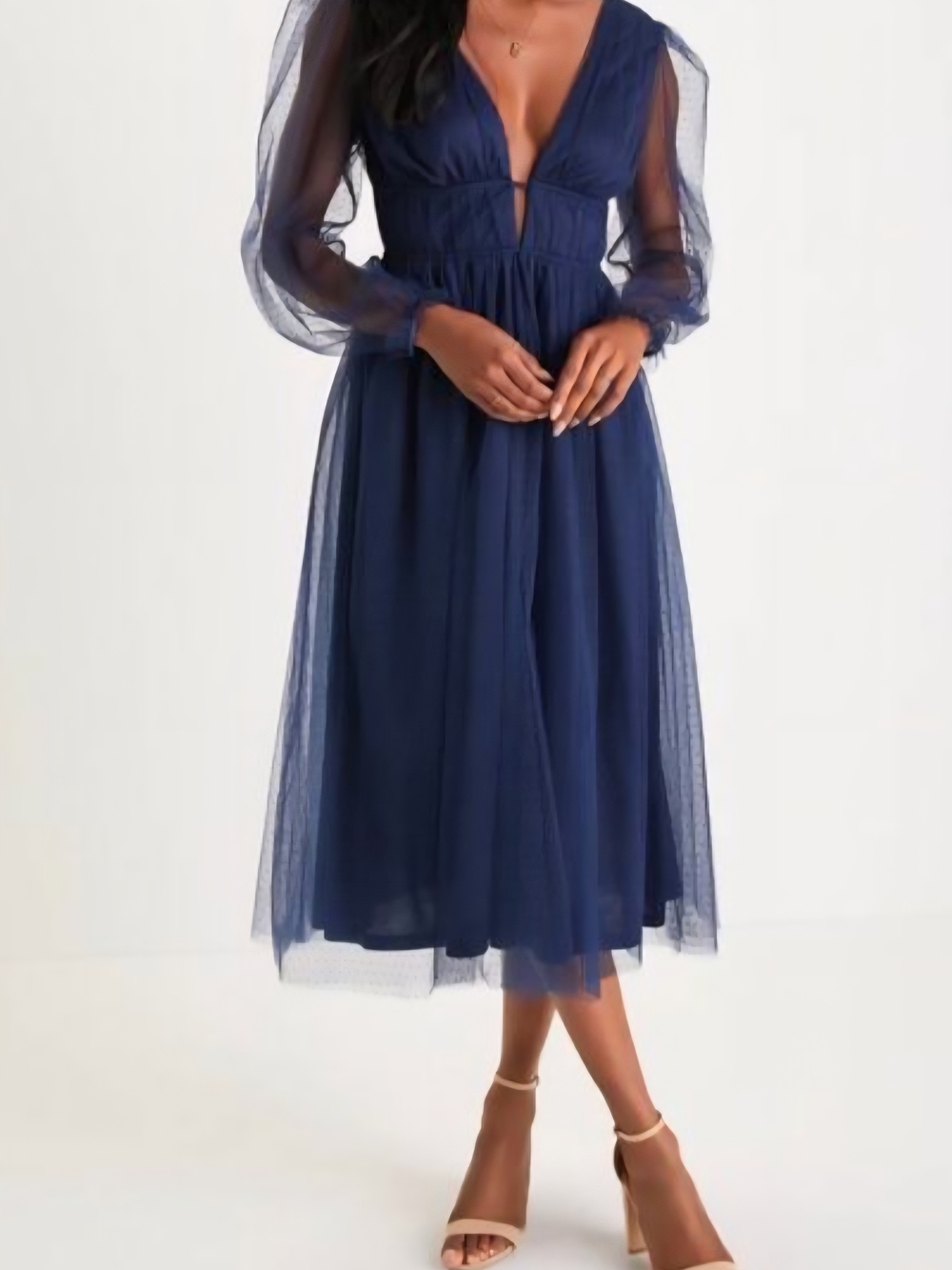 Lulu's Fabulous Dedication Navy Blue Swiss Dot Mesh Midi Dress MEDIUM